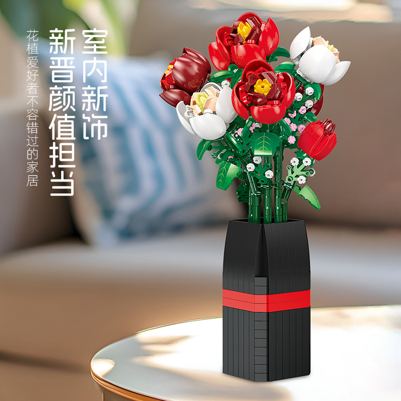 Jie Xing JJ9212 Regalo de San Valentín Ramo de rosas Flor eterna con jarrón Decoración del hogar Bloques de ensamblaje de bricolaje