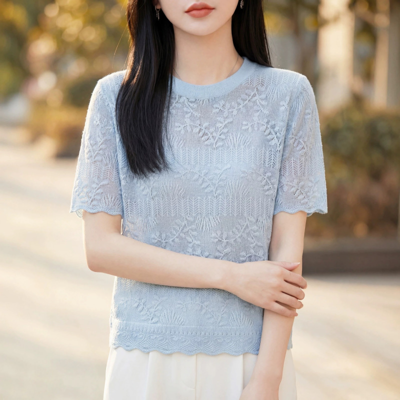 French Romance~Summer Mulberry Silk Wool Knit Short-Sleeve Women's Round-Neck Delicate Hollow Jacquard Half-Sleeve Top Thin French Romance~Summer Mulberry Silk Wool Knit Short-Sleeve Women's Round-Neck Delicate Hollow Jacquard Half-Sleeve Top Thin