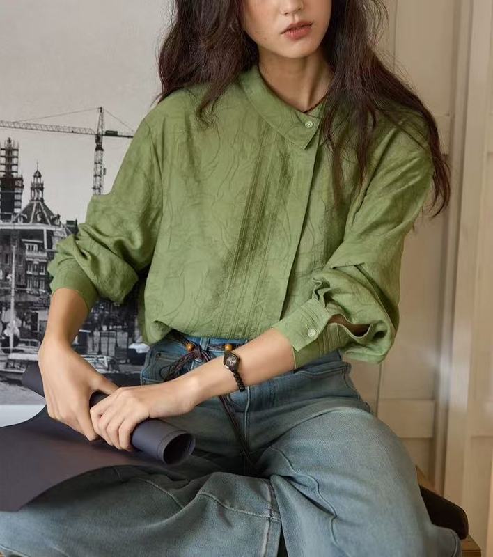 【8/25 零点新品9折】solighter 法式亚麻不对称翻领提花衬衫女秋|undefined