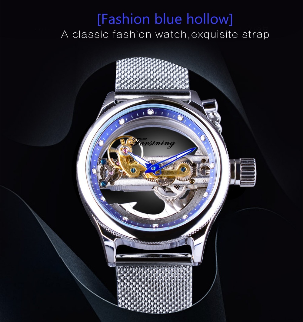 Forsining Men's Transparent One Machine Mechanical Watch Automatic Mesh Belt Hollow Stainless Steel Waterproof Watch_voghion.com