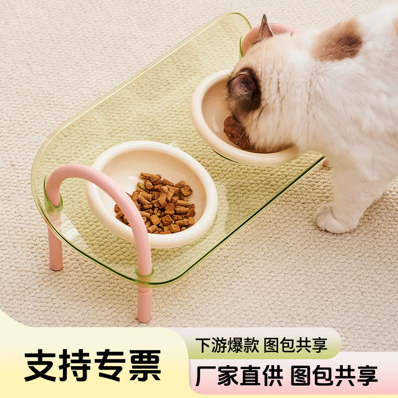 Carefully Selected Ceramic Double Bowl Stand for Pets, Transparent Popular Pet Supplies, Cat Bowl, Dog Bowl, Ceramic Bowl, Neck-Protecting Pet Bowl