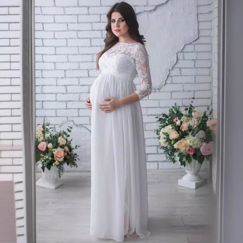 Sleek, Hot-Selling Lace-Mesh Chiffon Floor-Length Maternity Dress in European and American Styles