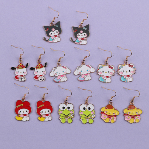 New Love Sanrio Earrings Ear Hooks Cute Cartoon Alloy Pendant Earrings Kuromi Melody Cinnamon Dog