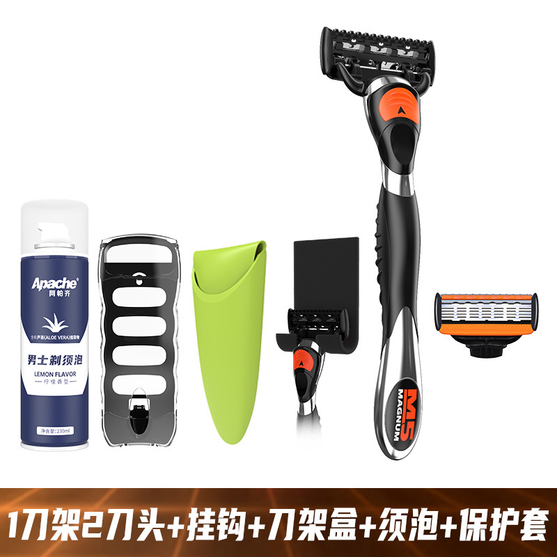 금속 손잡이 1개 + 5겹 수입 칼날 2개 + 후크 + 보호 케이스 + 보관함 + 쉐이빙 폼 230ml