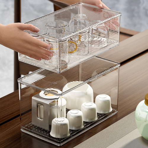 Covered Transparent Tea Set Storage Box with Drainage Office Desk Stackable Glass Cup Teapot Dustproof Storage Box