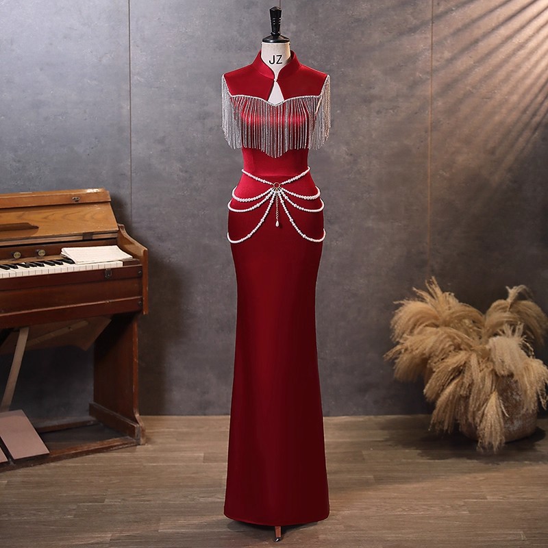 Chinese-Style Burgundy Tassel Stand Collar Mermaid Bridal High-End Beaded Chain Decoration Engagement Evening Dress Annual Party