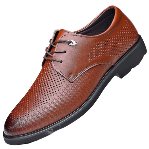 Men's Summer Mesh Breathable Wide Men's Shoes Genuine Leather Business Formal Holes Slip-on Shoes Men's Insoles Height Increasing Shoes