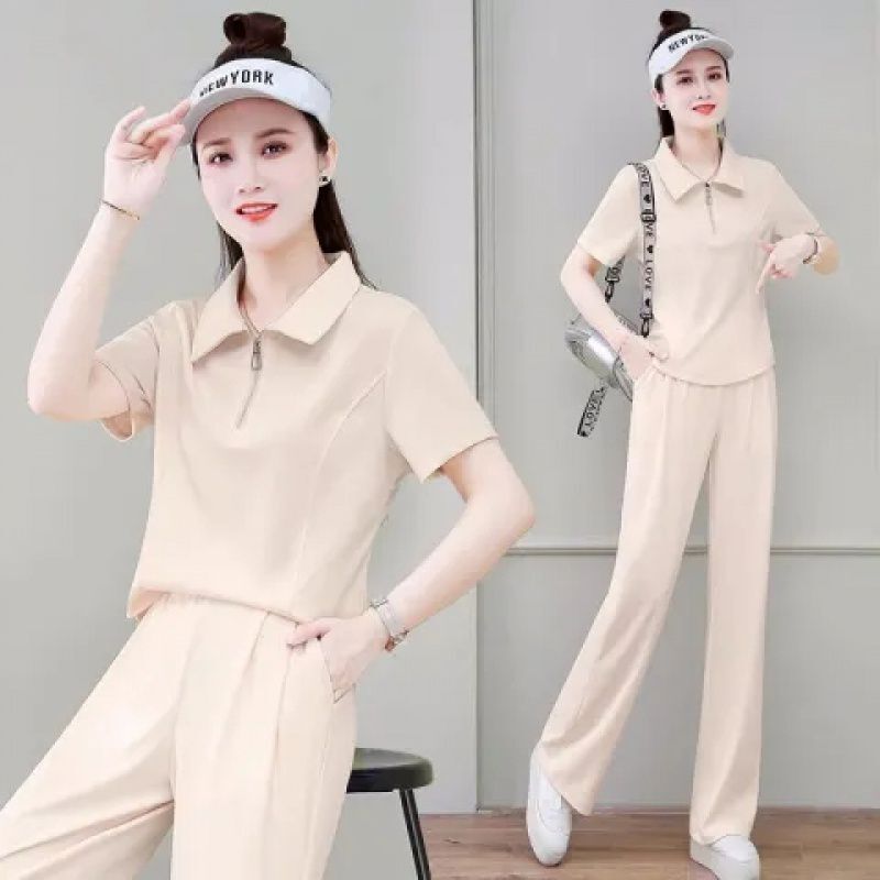 Cross-border specials non-refundable 2024 summer new leisure sports suit women's lapel T-shirt fashion wide leg pants trend Cross-border specials non-refundable 2024 summer new leisure sports suit women's lapel T-shirt fashion wide leg pants trend