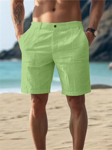 Men's cotton and linen summer pure color buttons beach daily outdoor breathable straight casual shorts