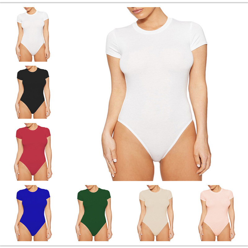 Solid color sexy bodysuit for leisure with a round collar
