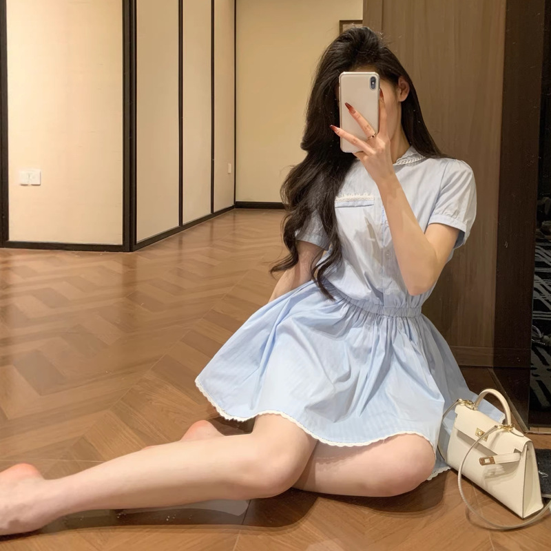 In-Stock Mu Lace Waist-Cinching Dress, Lazy Korean Style Effortless Outfit, Preppy Style Collared Shirt Dress