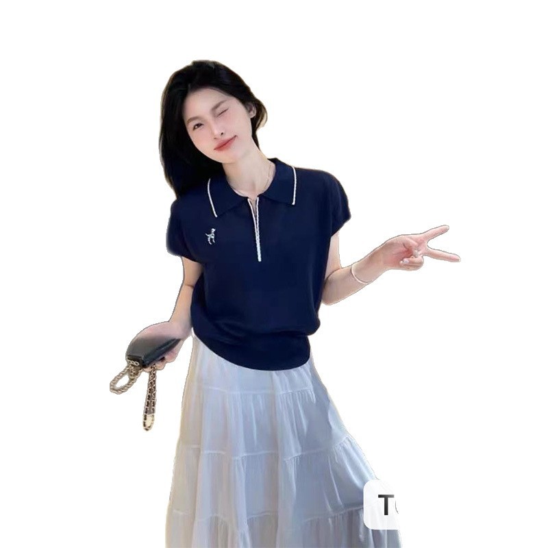 若いファッショナブルなニットポロシャツ半袖Tシャツトップス女性用スウィートガールアイスシルク通気性弾性高貴な気質と高級感|undefined
