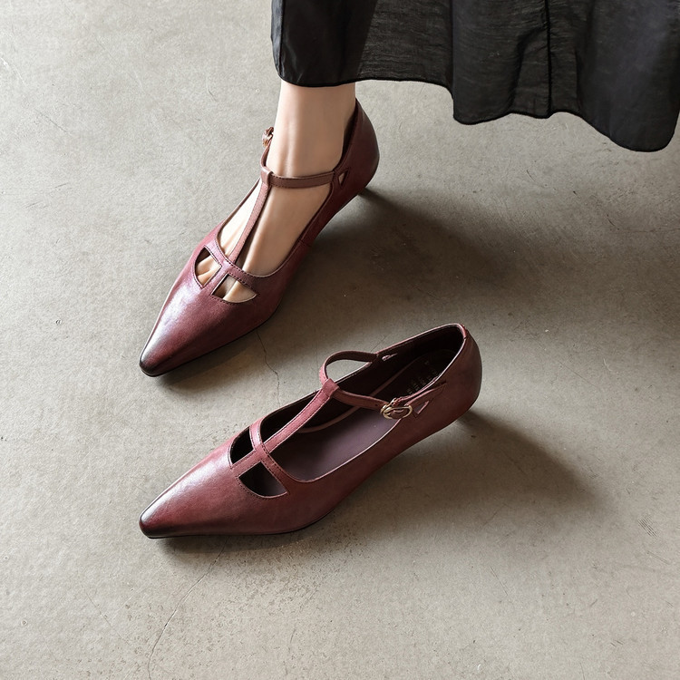 3.5cm High-End Purple-Red Shallow-Mouthed Single Shoes for Women, Medium Heel, Chunky Heel, Elegant T-Strap Mary Jane Shoes, Small Leather Shoes for Women