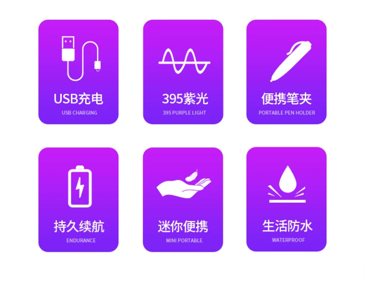 A10 Mini Purple Light Flashlight for Fluorescent Agent Detection, UV Jade Identification, Anti-Counterfeiting, White Light, Rechargeable, Money Detection