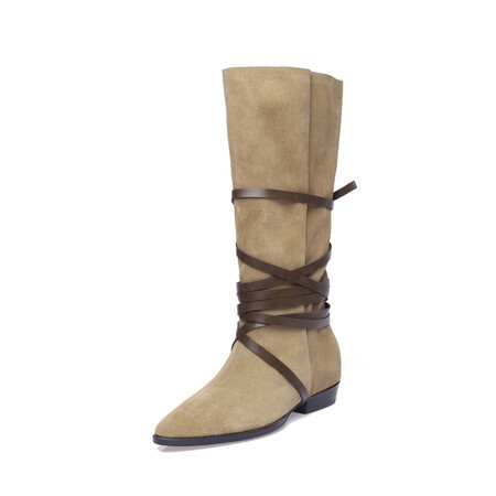 Belt pointy toe, denim high boots