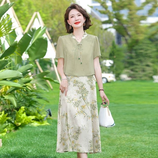 妈妈装连衣裙夏季新款假两件裙子中老年女装时尚长裙优雅雪纺衣服