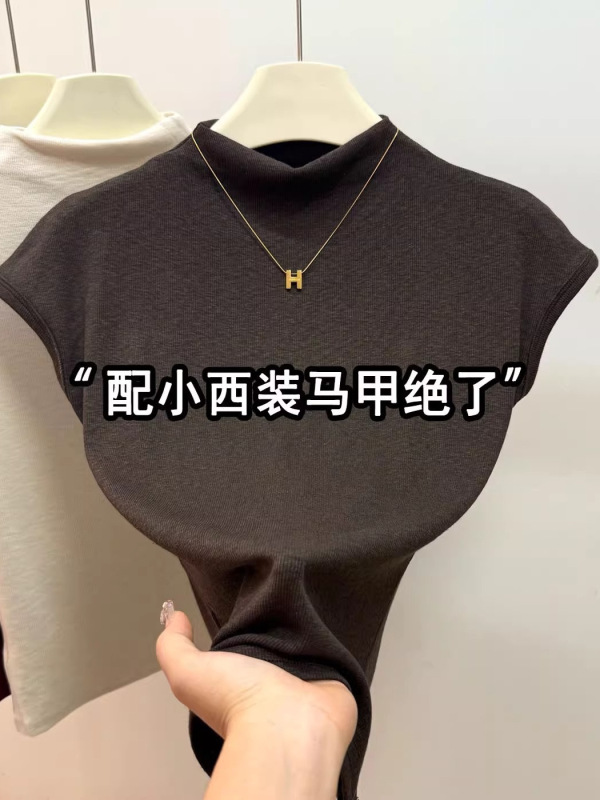 高级感酱紫色半高领小飞袖t恤女早秋款气质显瘦内搭螺纹短袖上衣|undefined