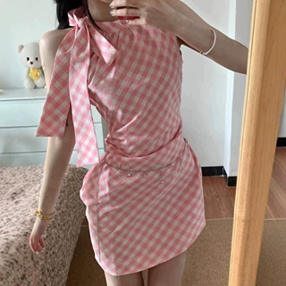 (专属)粉色格子蝴蝶结挂脖连衣裙女夏季纯欲辣妹不规则短裙子收腰