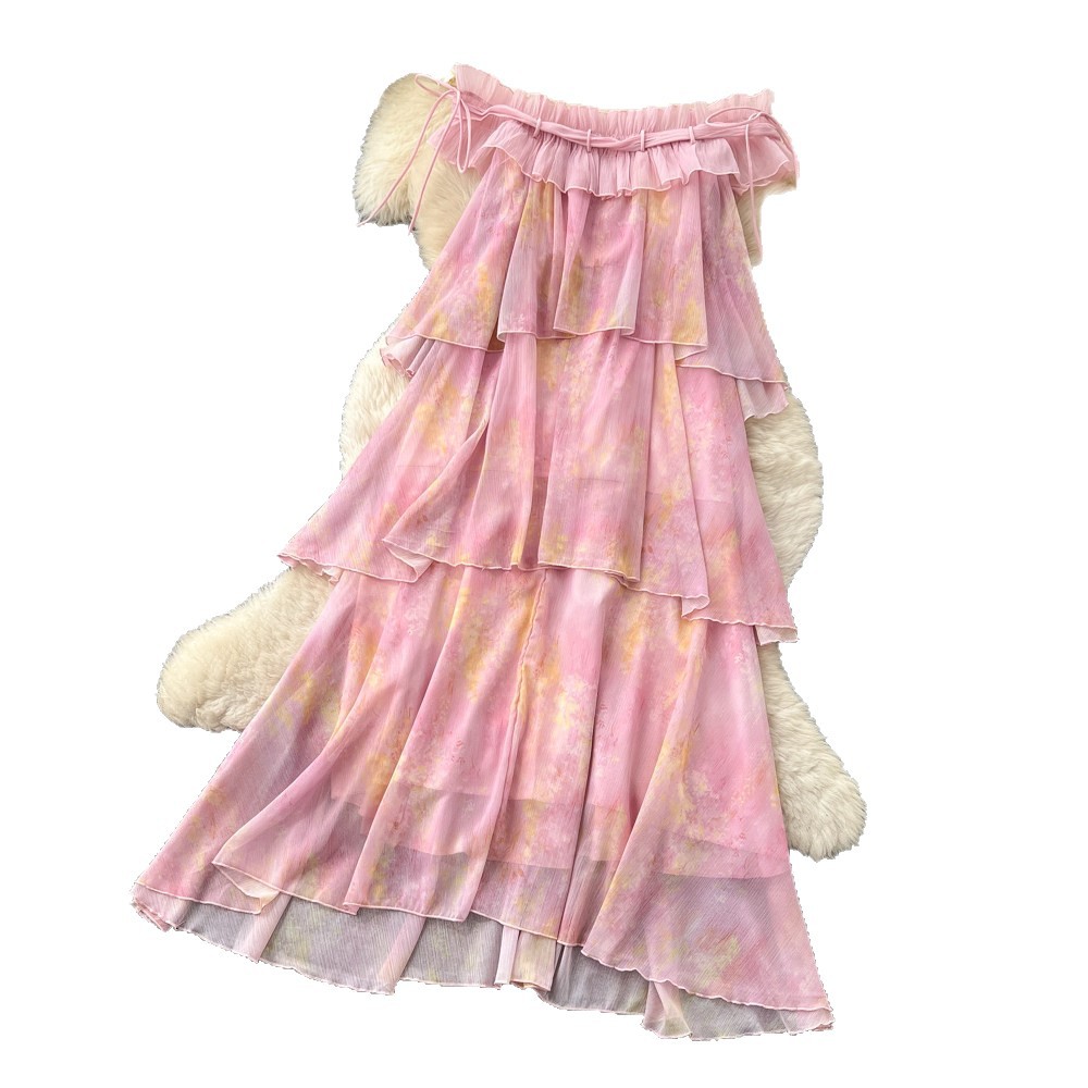 Pink Ruffled Cake Dress French Style Resort Sleeveless Off-Shoulder A-Line Women's Unique And Absolutely Stunning Dress_ecoleips.com