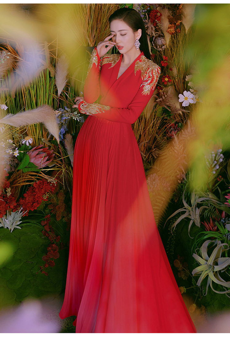 Long Elegant Red Wedding Dress For Brides Engagement Reunion Banquet Evening Gown Women's Party Wear_ecoleips.com