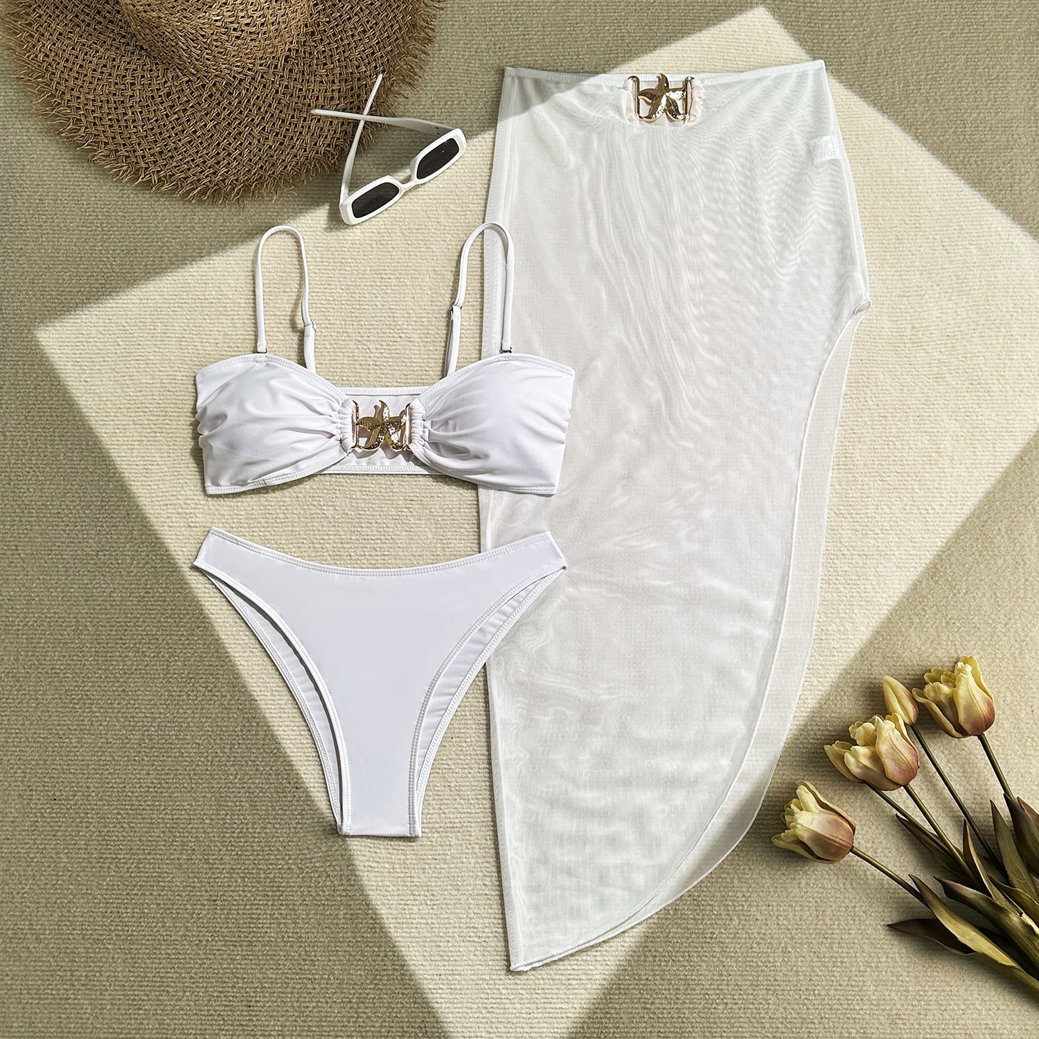 236g Weight Sleeveless Sleeve Length Polyester Fabric Type Skirt Sets Sets Type 3 Pieces Set Quantity Holiday, Swimming Pool, Swimming Occasion Strap Neckline Slim Fit Type Solid Color Pattern Women's Gender Sexy Style Women's Sexy Solid Color 3 Pieces Set Bikinis Swimwear 17