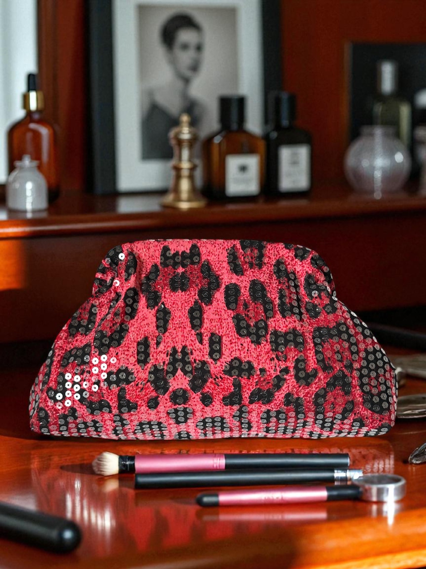 Fuchsia Sequined Leopard Print Clutch Bag For Women Evening Accessory_voghion.com