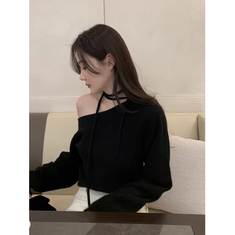 粉色毛衣女秋冬新款韩系气质时尚圆领系带设计宽松慵懒软糯针织衫|undefined