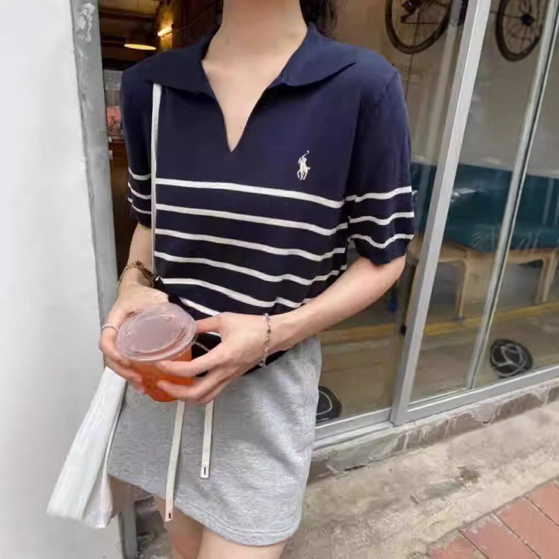 夏季POLO领T恤女藏蓝色条纹短袖人头马刺绣翻领t恤冰丝通勤|undefined
