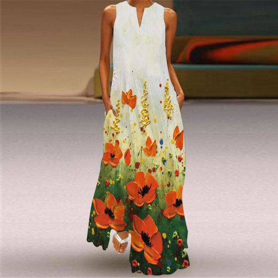 2024 new summer women's sleeveless dress v-neck printed green flower dress Europe and the United States cross-border foreign trade women's clothing