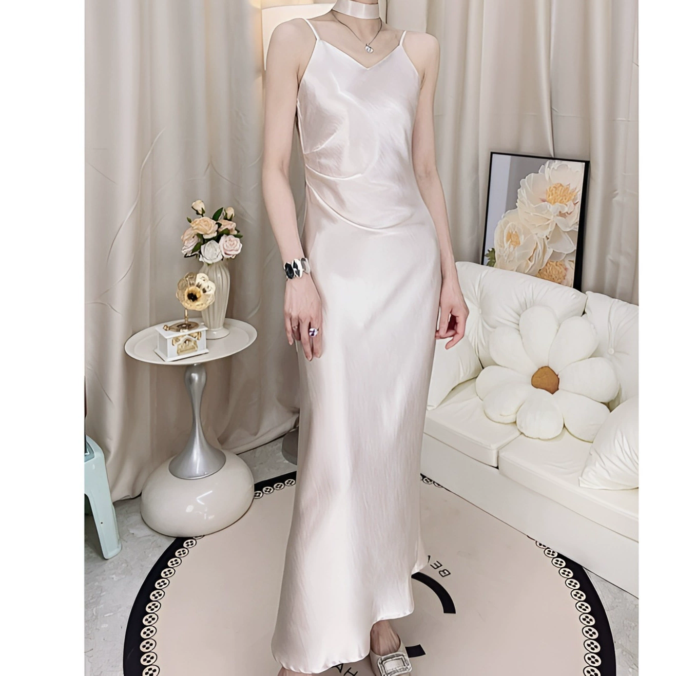 [Регулируемые бретели + лента] 9399 позолоченная атласная юбка на подтяжках «рыбий хвост», элегантный и стройнящий вид для лета.