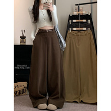 韩国新款呢子西装裤女2025冬季时尚高腰加厚毛呢卷边休闲阔腿裤子