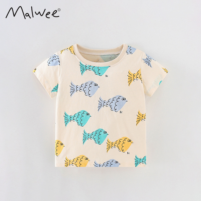 Malwee ropa infantil de verano nuevo estilo europeo y americano de niños pequeños lindos ropa infantil de cuello redondo de manga corta impresión de aire extranjero blusa