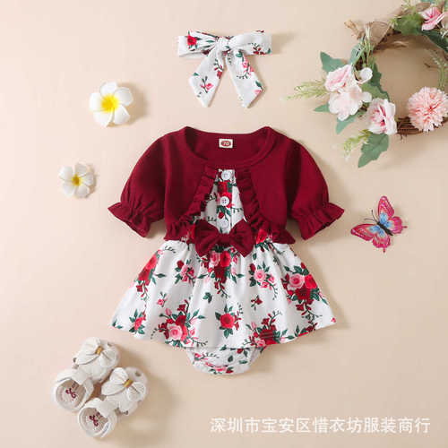 Summer and Autumn New Baby Girls' One-piece Romper with Short Sleeve Top, False Two-Piece with Bow Print Skirt, Diaper Cover Tunic Dress