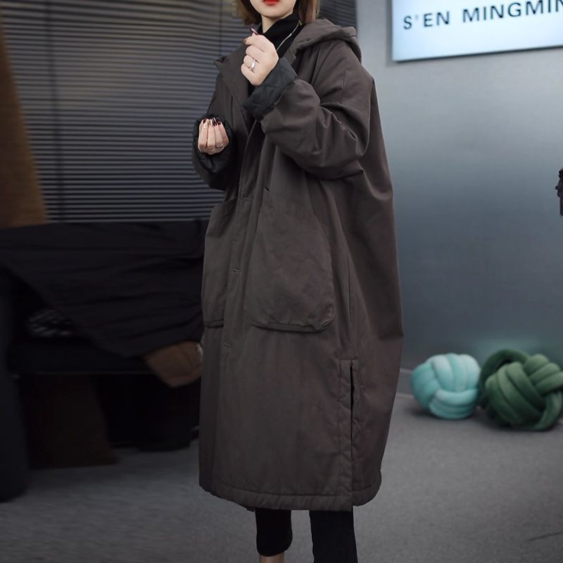 欧货黑色连帽长款棉服女冬季加厚保暖棉衣大码宽松遮肚显瘦棉袄子|undefined