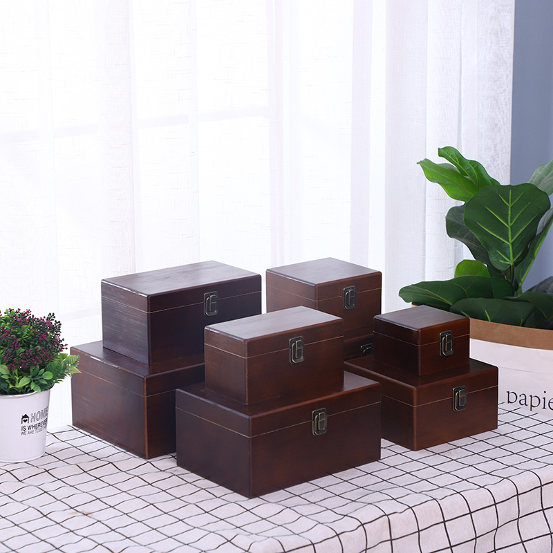 实木长方形木质收纳盒复古式木盒子礼品式木盒现货包装盒翻盖|ru