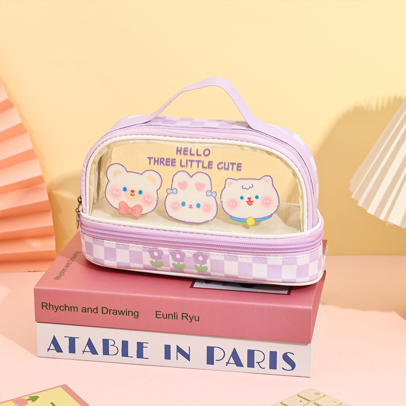 Cartoon Sanrio estuche para lápices estilo ins portátil de doble capa transparente de gran capacidad lindo bolso de papelería tridimensional Kulomi