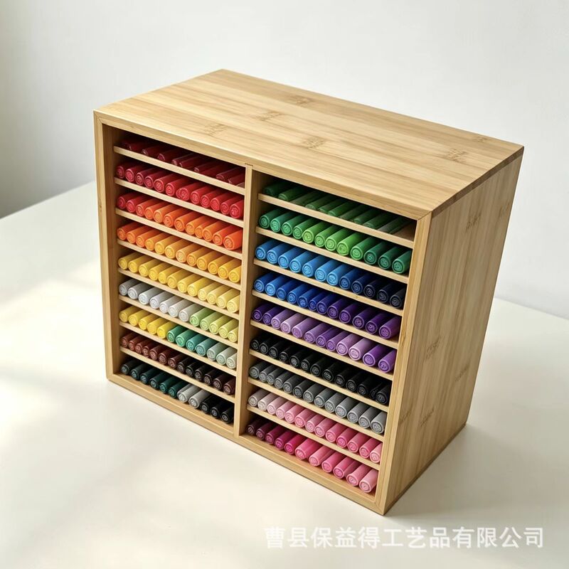 Bamboo and Wood Marker Pen Storage Box Desktop Paintbrush and Marker Organizer Multi-Compartment Pen Holder Nine-Layer Solid Wood Display Rack