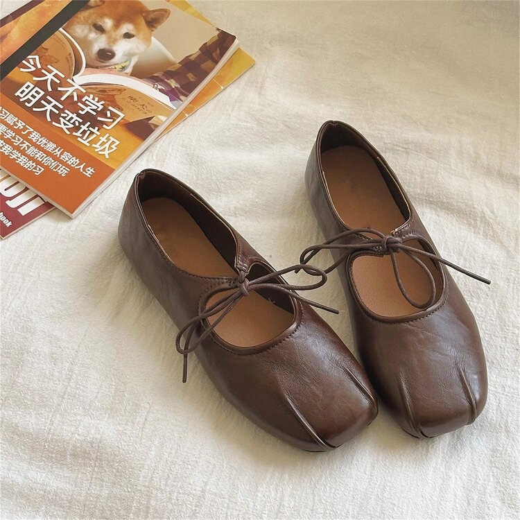 2025 Fall New Women's Lace-Up Mary Jane Shoes, Round-Toe Flat Ballet Flats, Shallow-Heel Single Shoes, Trendy