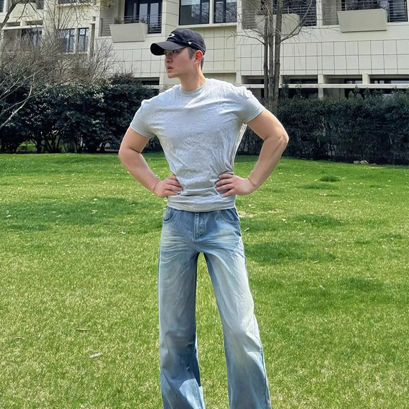 Light Gray Tight Cuff Fitness Short-Sleeved Men's Summer Slim Fit Muscle Sports T-Shirt American Small Neckline Half-Sleeve