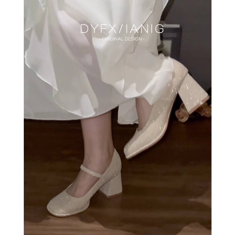 Round-Toe Princess Mary Jane High-Heeled Shoes for Women with Thick Heels and Skirts, Cheongsam Fairy-Style Wedding Shoes, Bride and Bridesmaid Shoes