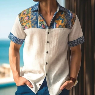 夏季新款跨境男士时尚潮流短袖衬衫3D数码印花竹节麻宽松休闲衬衫