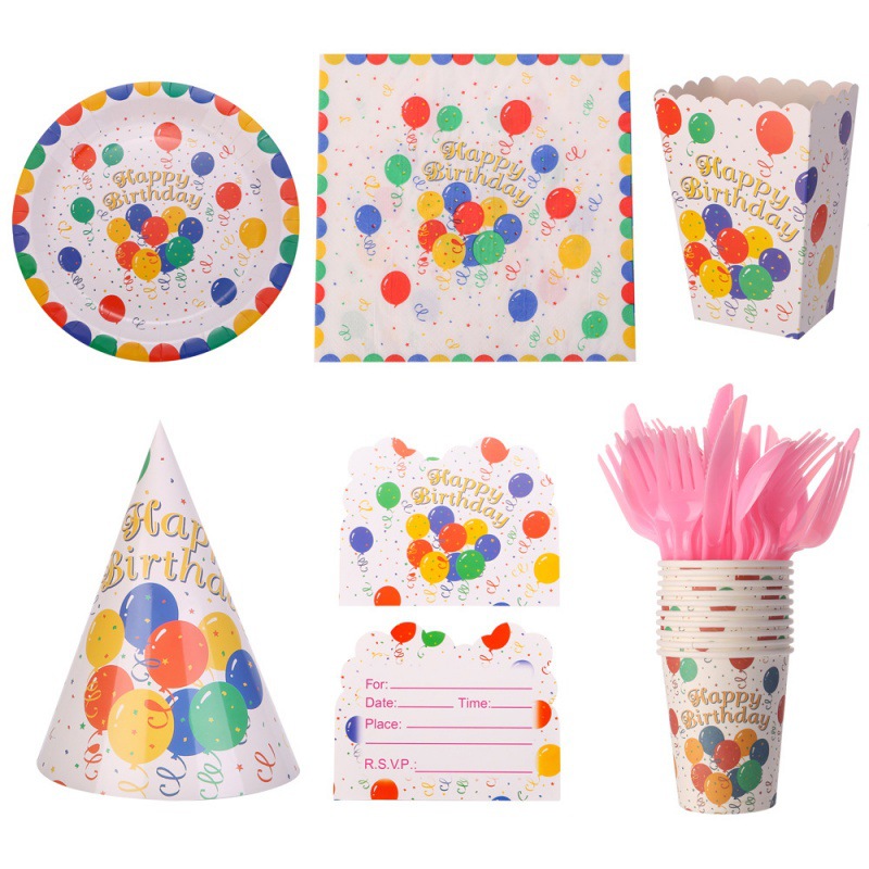 Nuevos globos de colores, feliz cumpleaños, decoración de fiesta, vasos de papel, platos de papel, decoración navideña, vestir, manteles desechables