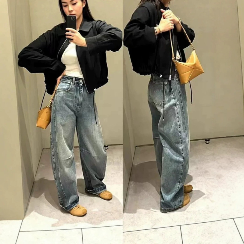 In-Stock Nanyou Loe Blue Vintage Print Scimitar Jeans for Women, Same Style as Liu Wen, High-End and Elegant Long Pants