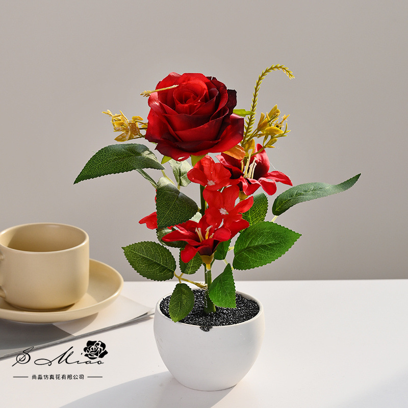 Nuevo producto transfronterizo rosa pequeño bonsai flor de simulación creativa decoración de estudio fotográfico para el hogar decoración planta verde artificial simulación planta en maceta
