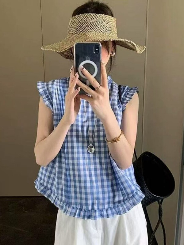 2025夏季新款韩版时尚百搭无袖格子衬衫女宽松减龄飞飞袖显瘦上衣|undefined