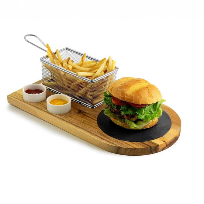 French Fries Basket Sauce Cup Container with Solid Wood Base Snack Basket Fried Chicken Basket Bread Tray Set Slate Solid Wood Tray