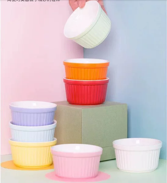 Hot Sale Candy Ceramic Wicker Cup Striped Cup Jelly Pudding Bowl Shufulei Baking Cup Seasoning Plate Baking Cake Cup