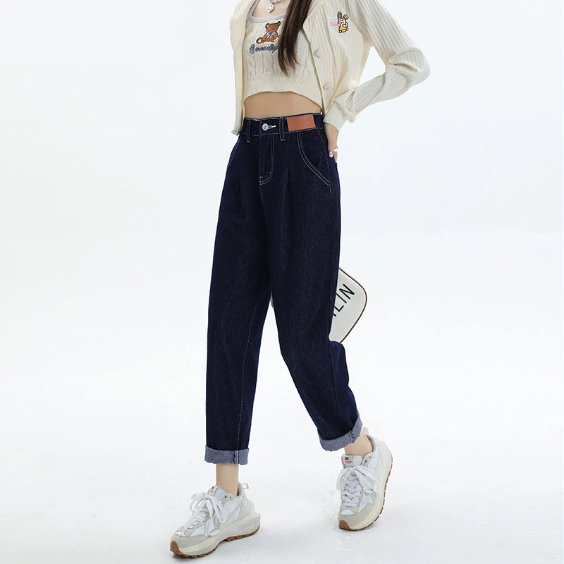 Denim comfortable trousers, elastic waist, fitted