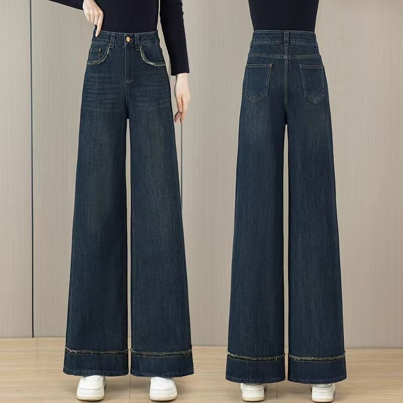 Retro Blue Wide-Leg Jeans for Women 2025 Autumn and Winter Fleece-Lined New High-Waisted Loose Big-Leg Pants Casual Straight Pants