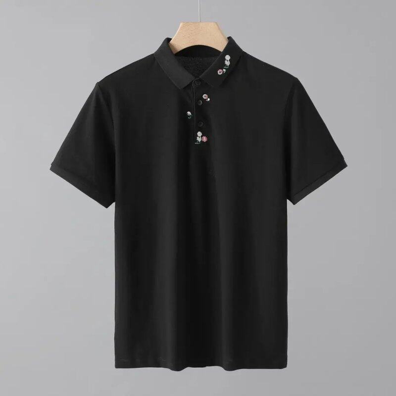Summer New Style Floral Embroidered Polo Shirt with Collar, Fashionable, Casual, Versatile, Breathable Lapel Short-Sleeved Men's Slim Fit Top